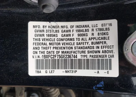 2016 Honda Civic Ex z USA, uszkodzony, nr VIN 19XFC2F75GE236744